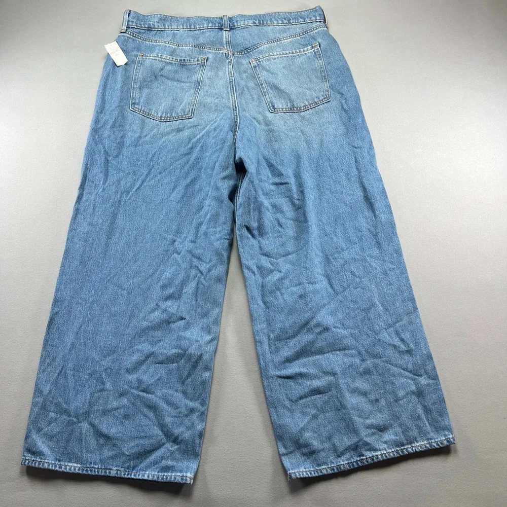 Old Navy Baggy Jeans Women 16 Petite Blue Drapey Denim Cotton High Rise Wide Leg